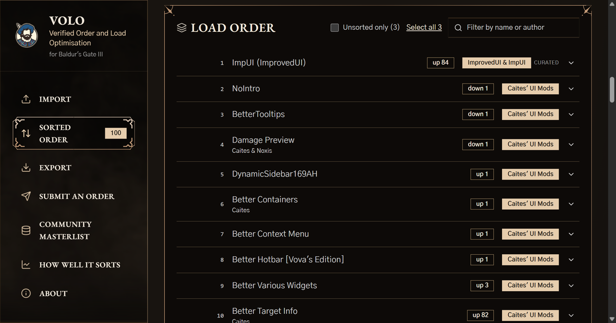 A sorted load order in VOLO. ImpUI sits first on its ImprovedUI slot, having moved up 84 places, and each row below shows how far that mod travelled, the slot it landed on such as Caites' UI Mods, and a note such as curated wherever the placement came from something other than a played order.